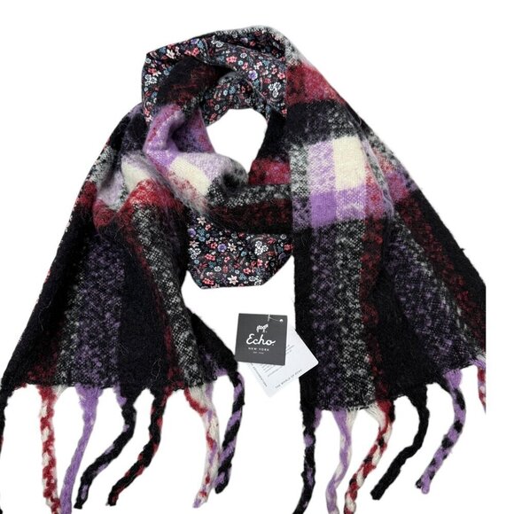 ECHO Wool Blend Scarf Black Plaid Reverse Floral Fringed NWT - Picture 6 of 10